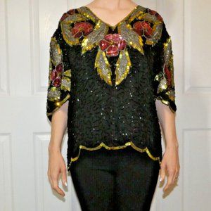 Vintage Pure SILK Top Black Beaded Sequin India BoHo Festival Party Women size L